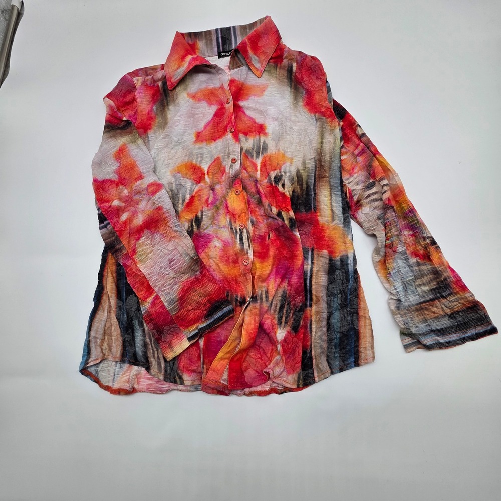 Chic David Cline Button Down‎ Shirt Women Small Poppy Red Orange Abstract Casual